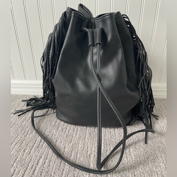 Victoria’s Secret Faux Black Leather Fringe Sides Draw String Backpack - Picture 6 of 8